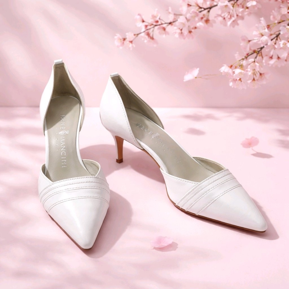 RENE' MANCINI WHITE ITALIAN LEATHER POINTED-TOE D'ORSAY PUMPS HEELS SZ 37 / 6.5